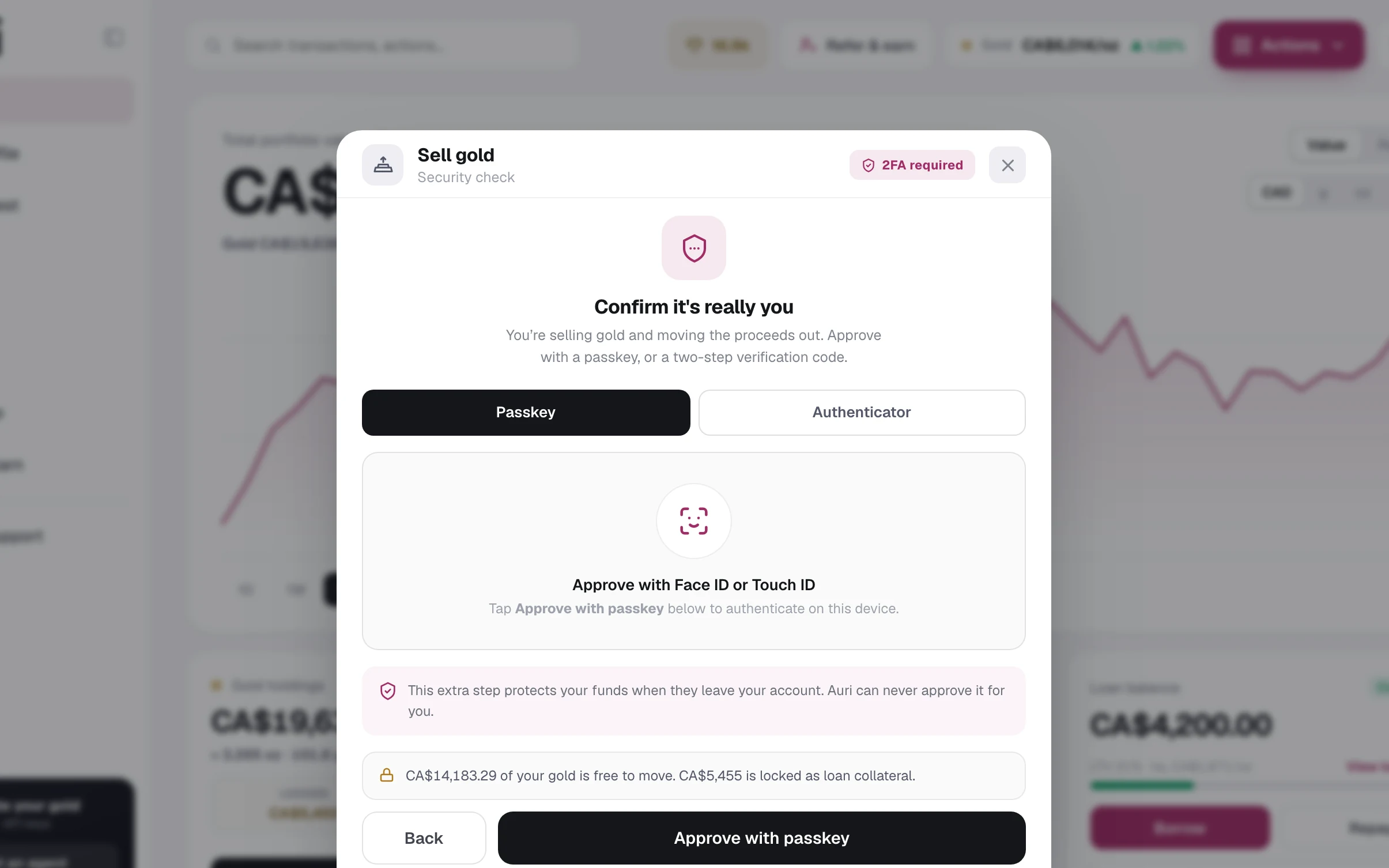 Auri web app: a passkey check before value leaves the account